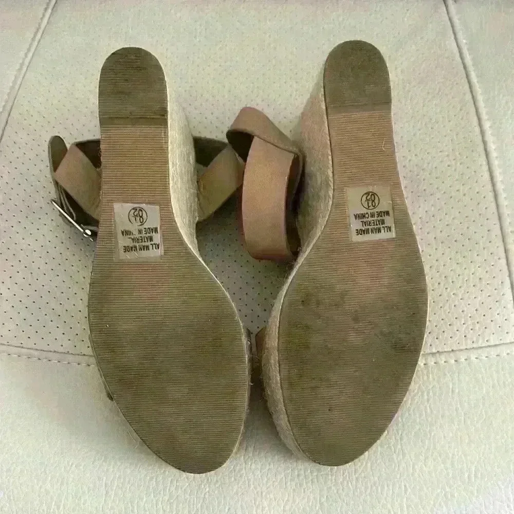 Tan Wedge Sandals with Ankle Strap - Picture 7 of 7